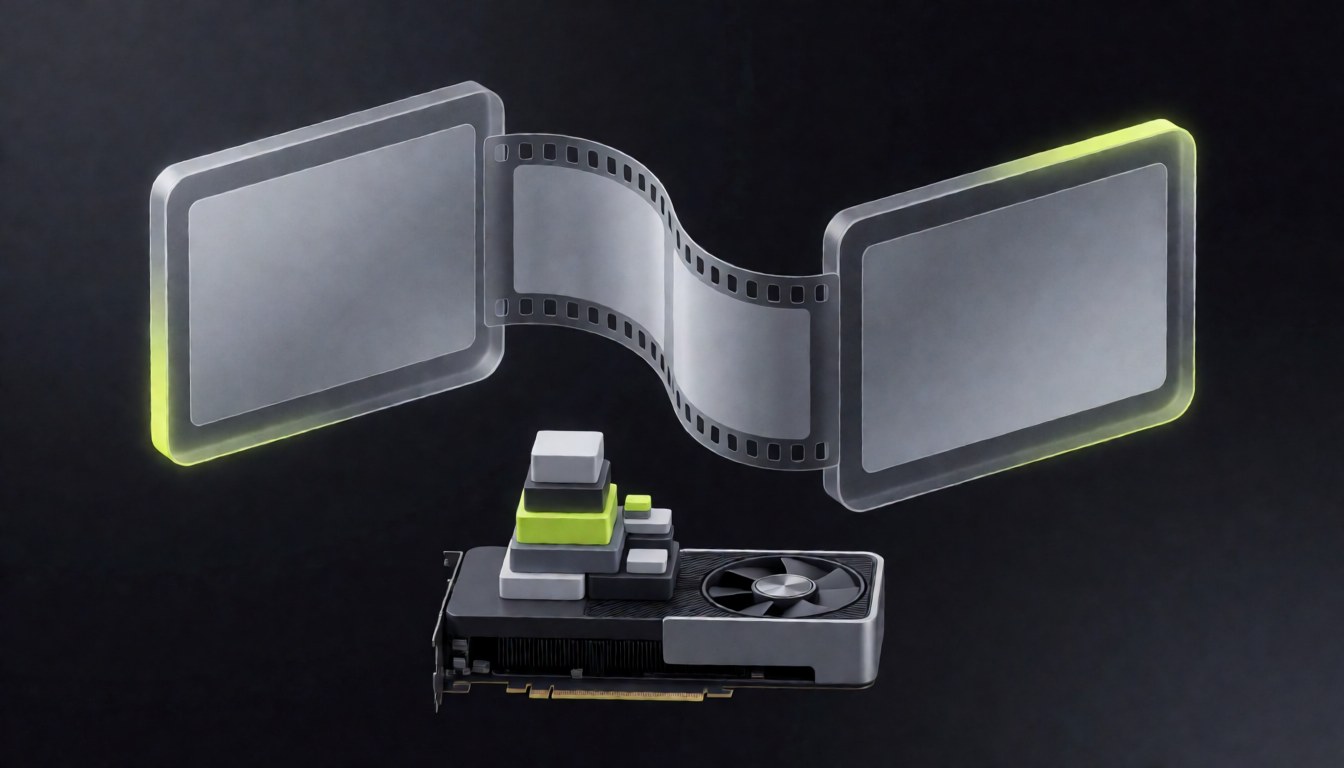 First and last video frames joined by a curving film strip above a graphics card with stacked quantized model blocks