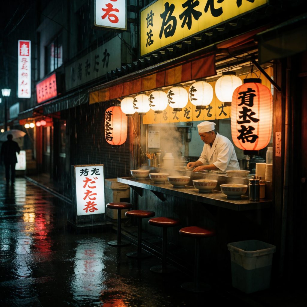 Krea 2 Turbo FP8 1024x1024 test image of a rainy Tokyo ramen alley, which took 26 minutes on an RTX 5080 because 1.64 GB of weights were offloaded