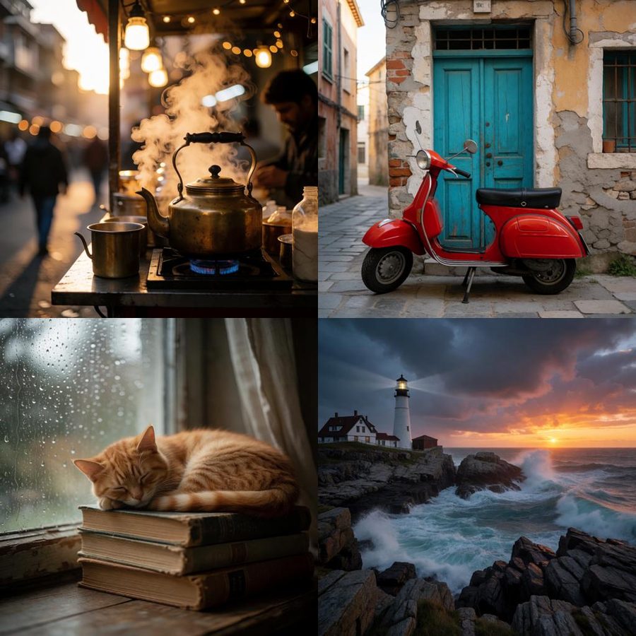 Four Krea 2 Turbo 1024x1024 sample images generated on an RTX 5080 in ComfyUI: a steaming brass kettle at an Indian tea stall, a red scooter by a turquoise door, an orange cat asleep on books, and a lighthouse at a stormy sunset