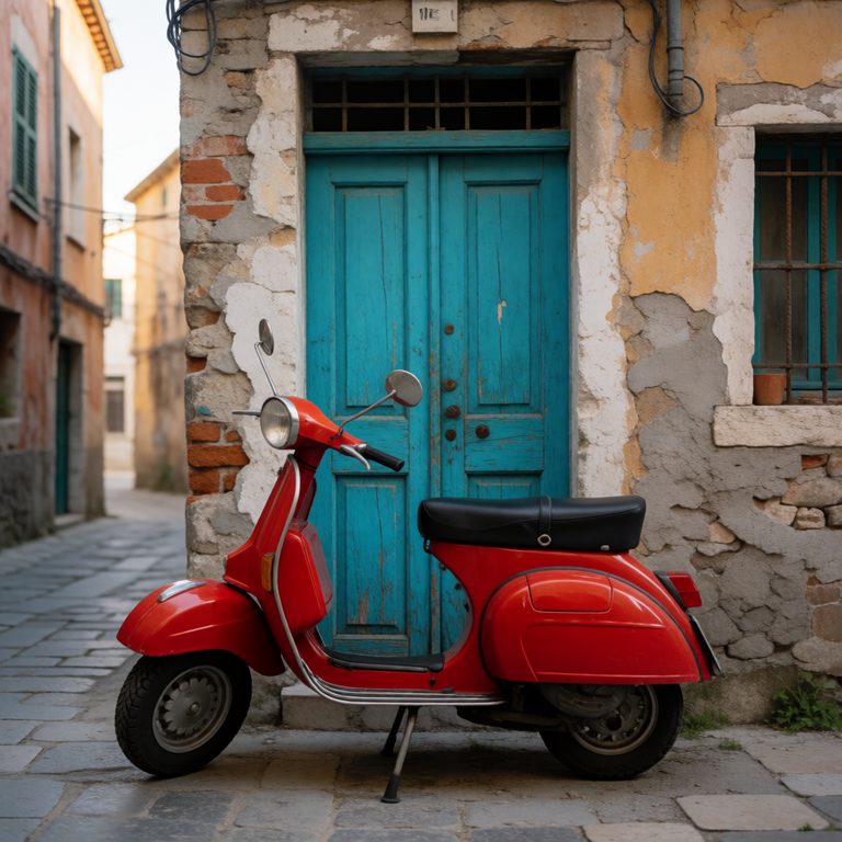 Krea 2 Turbo sample of a red vintage scooter parked in front of a turquoise wooden door in an old city lane, rendered on an RTX 5080