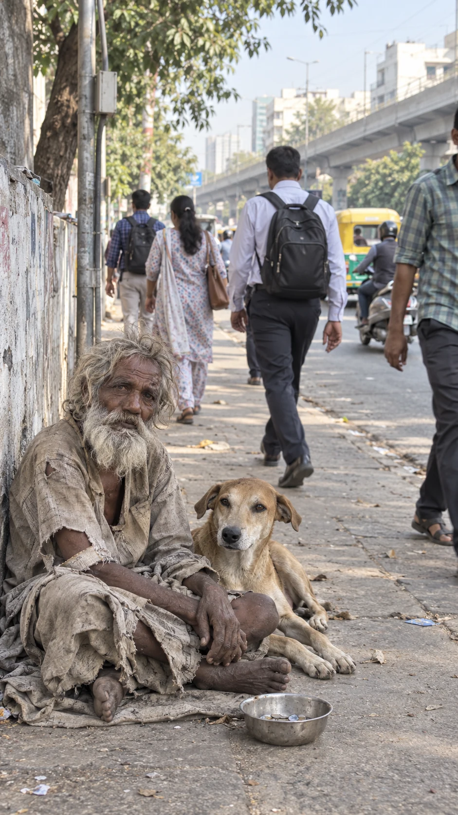 Reference photo 2: elderly bearded man sitting on a busy Indian city sidewalk with a dog and a steel bowl