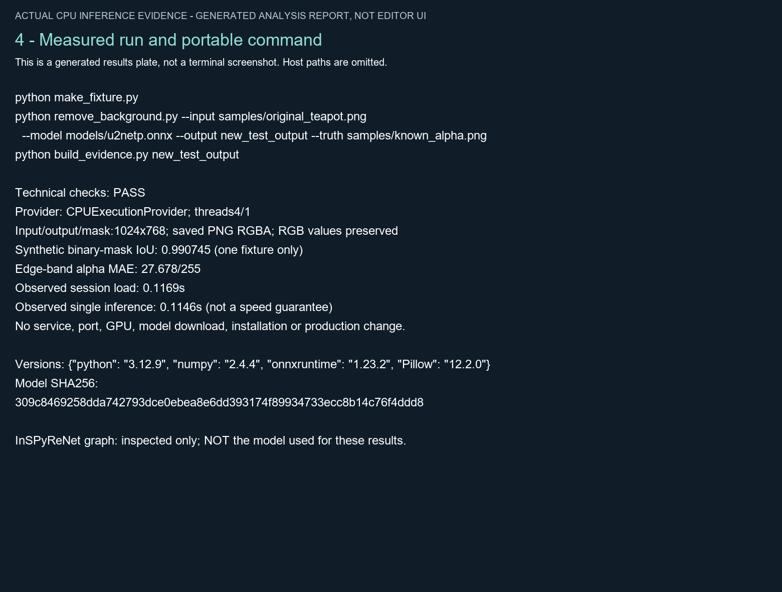 Generated results figure containing the portable command, CPU-only provider, measured timings, package versions, and model hash.