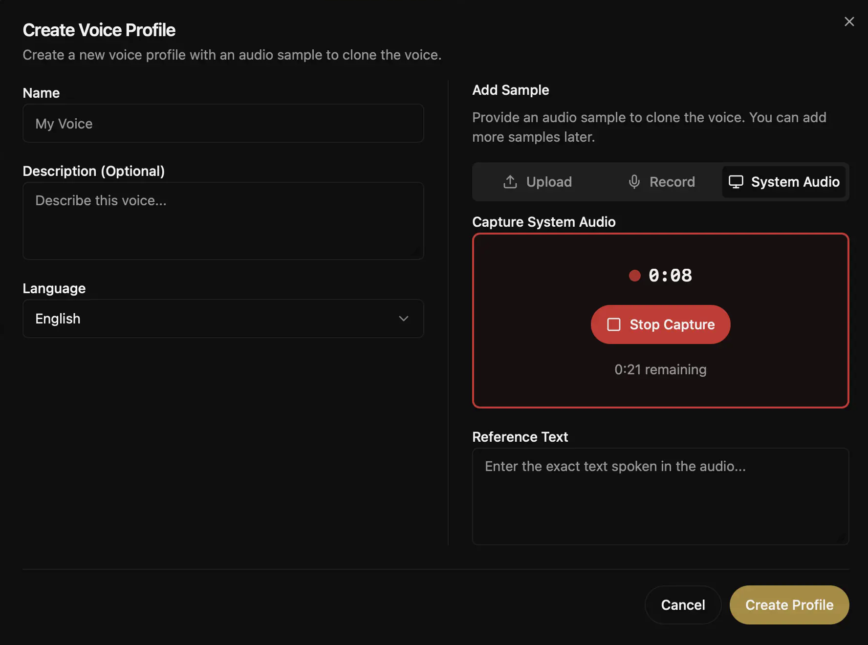 Voicebox Create Voice Profile dialog with generic My Voice name, English language, audio input controls and reference text field.