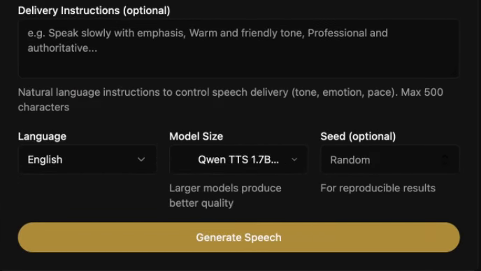 Voicebox delivery instructions, English language selector, Qwen model-size selector, optional seed and Generate Speech button.