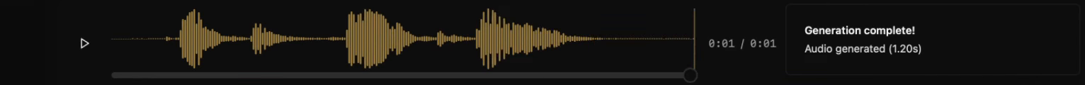Voicebox playback waveform with a play control, elapsed time and Generation complete message.