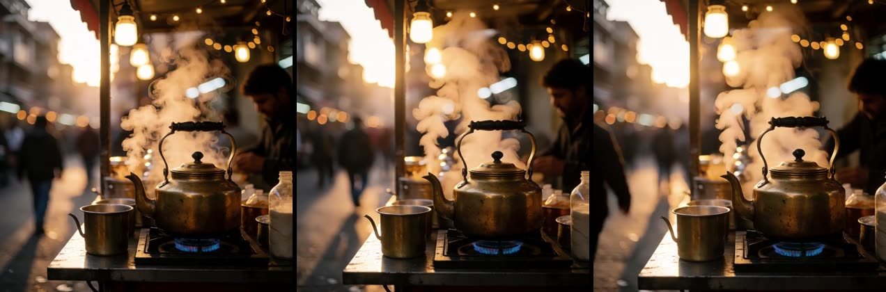 Three frames (first, middle and last) from a Wan 2.2 14B image-to-video clip of steam rising from a kettle at a street tea stall, generated at 640x640 and 81 frames on an RTX 5080 in ComfyUI