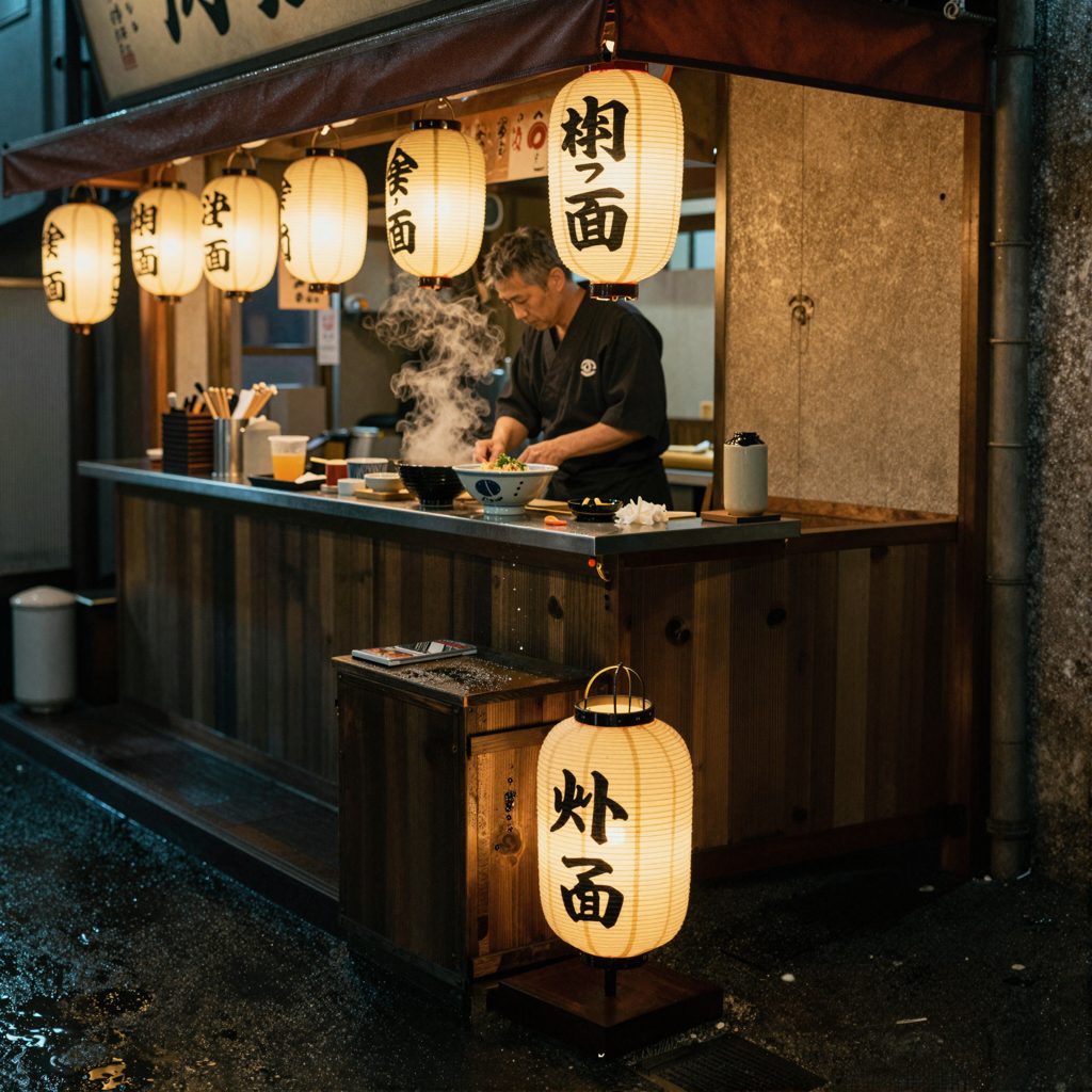 Z-Image Turbo FP8 2048x2048 test image of a ramen stall with paper lanterns, generated in about 100 seconds on an RTX 5080 16 GB